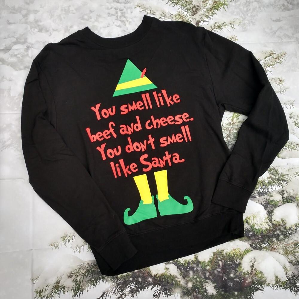 Elf Sweatshirt You Smell Like Beef Cheese Don't Smell Like Santa Black sz Small